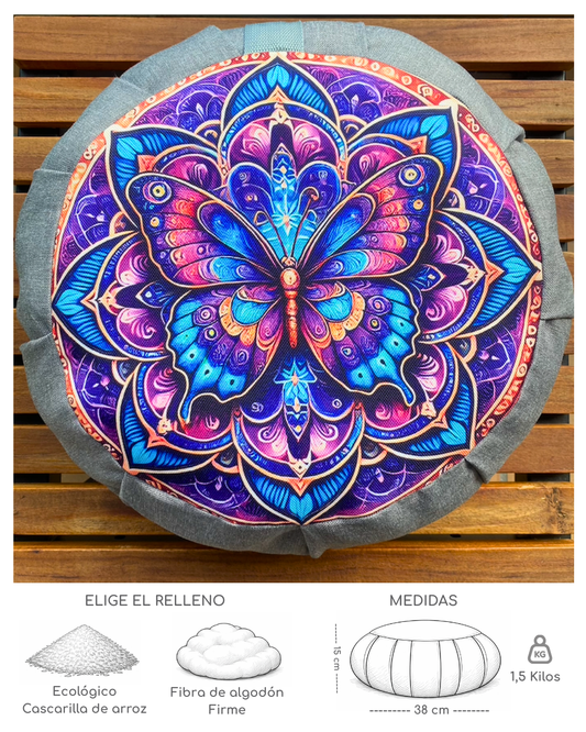 Cojín Zafu Mandala Mariposa Gris