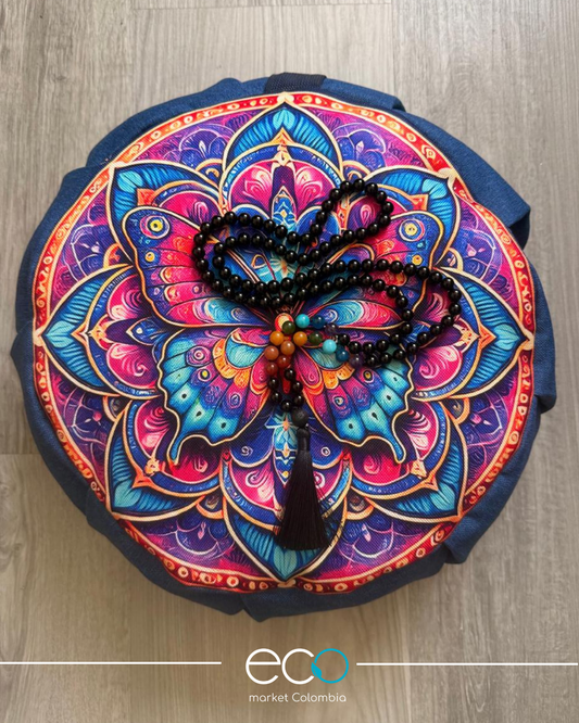 Kit para Meditar Zafu Mandala Mariposa | Japamala o Cuenco Tibetano