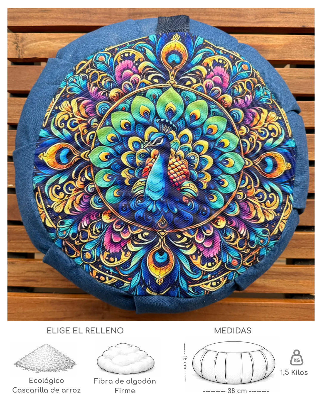 Cojín Zafu Diseño Mandala Pavo Real