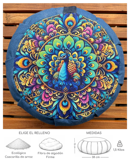 Cojín Zafu Diseño Mandala Pavo Real