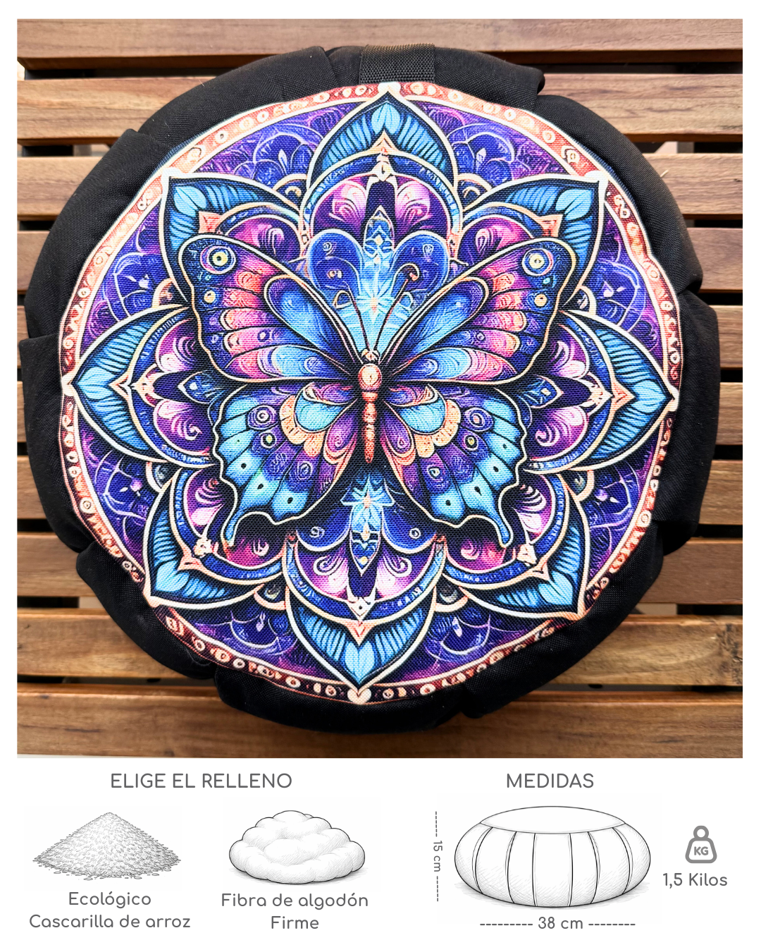 Cojín Zafu Mandala Mariposa Negro