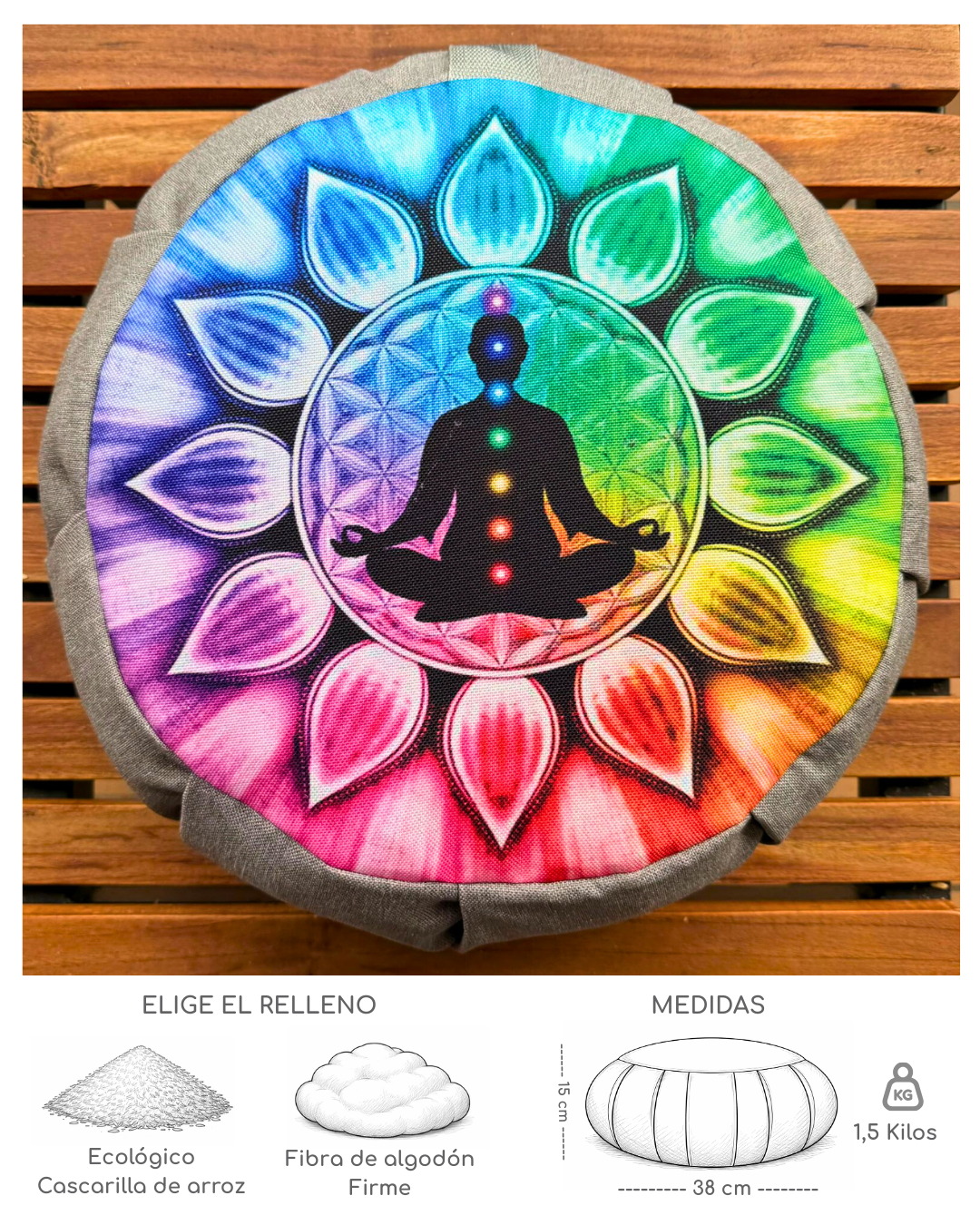 Cojin Zafu Mandala 7 Chakras Gris