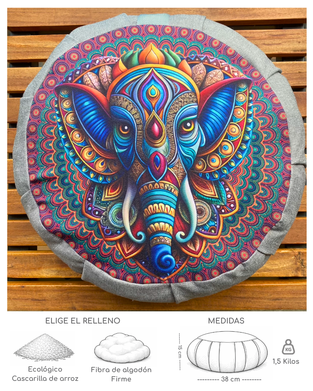Cojín Zafu para Meditar Elefante Étnico