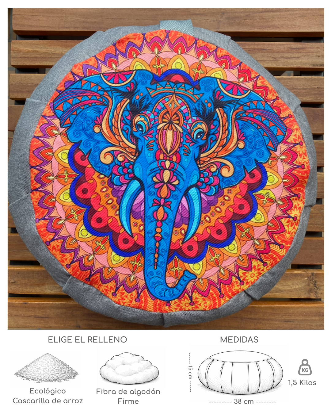 Cojín Zafu para Meditar Mandala Elefante gris