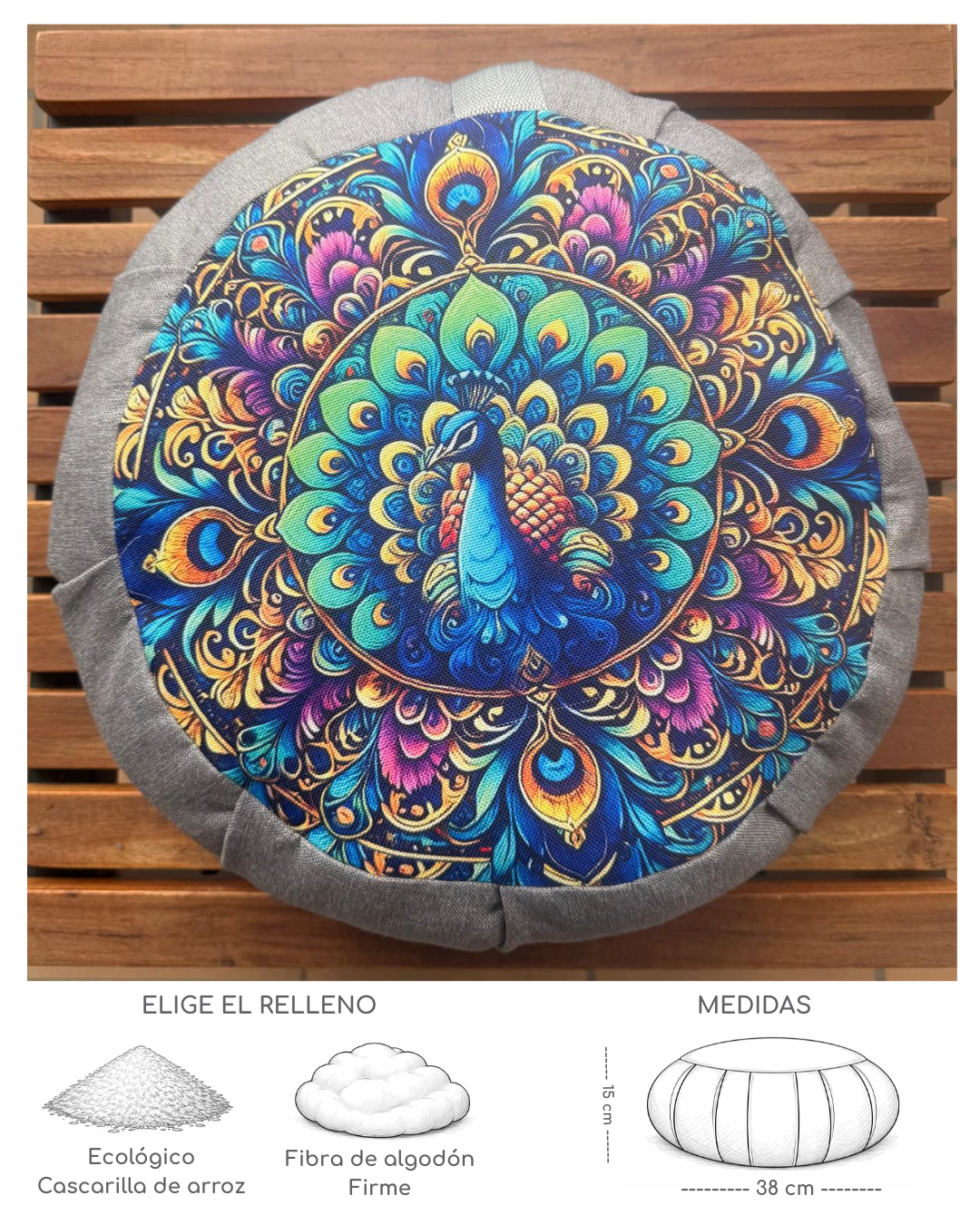 Cojín Zafu Mandala Pavo Real