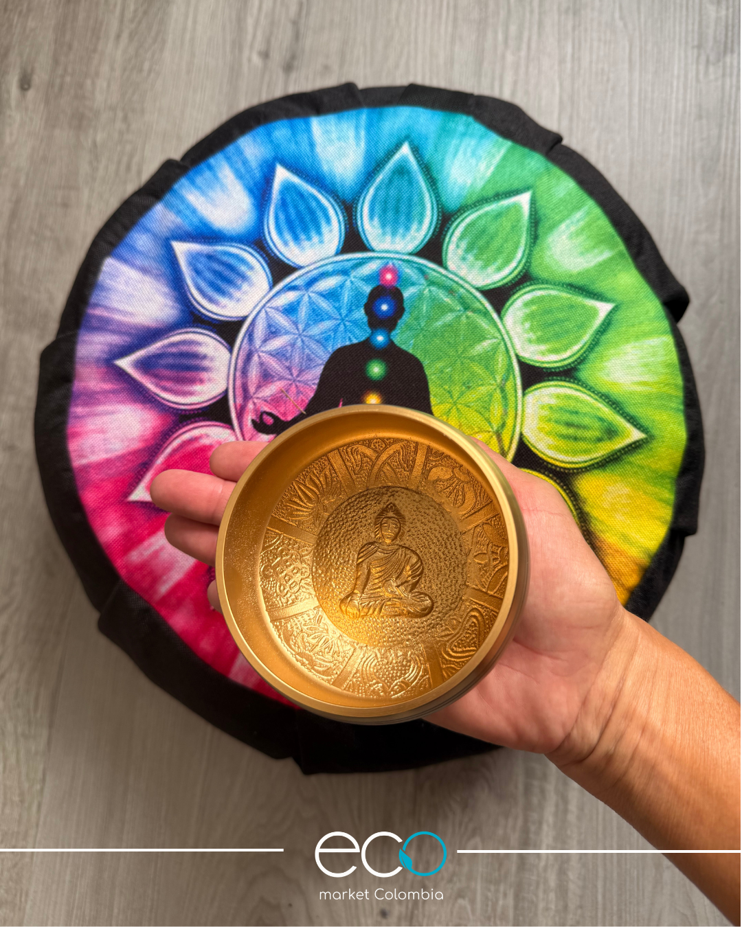 Set para meditar cojín zafu 7 chakras con cuenco 