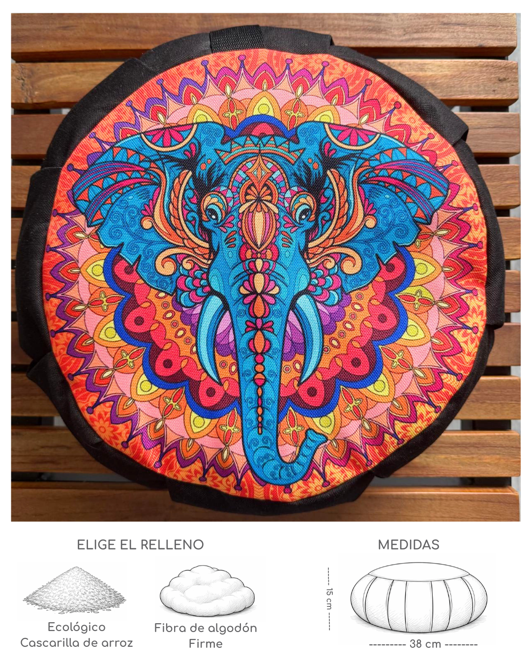 Cojín Zafu para Meditar Mandala Elefante Negro